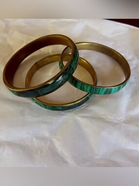 3 Vintage Malachite and Brass Bangle Bracelet Set